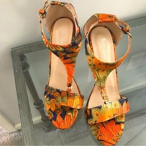 Orange & Navy Peacock T-Strap Heels by Sexy Shoes. Size 10